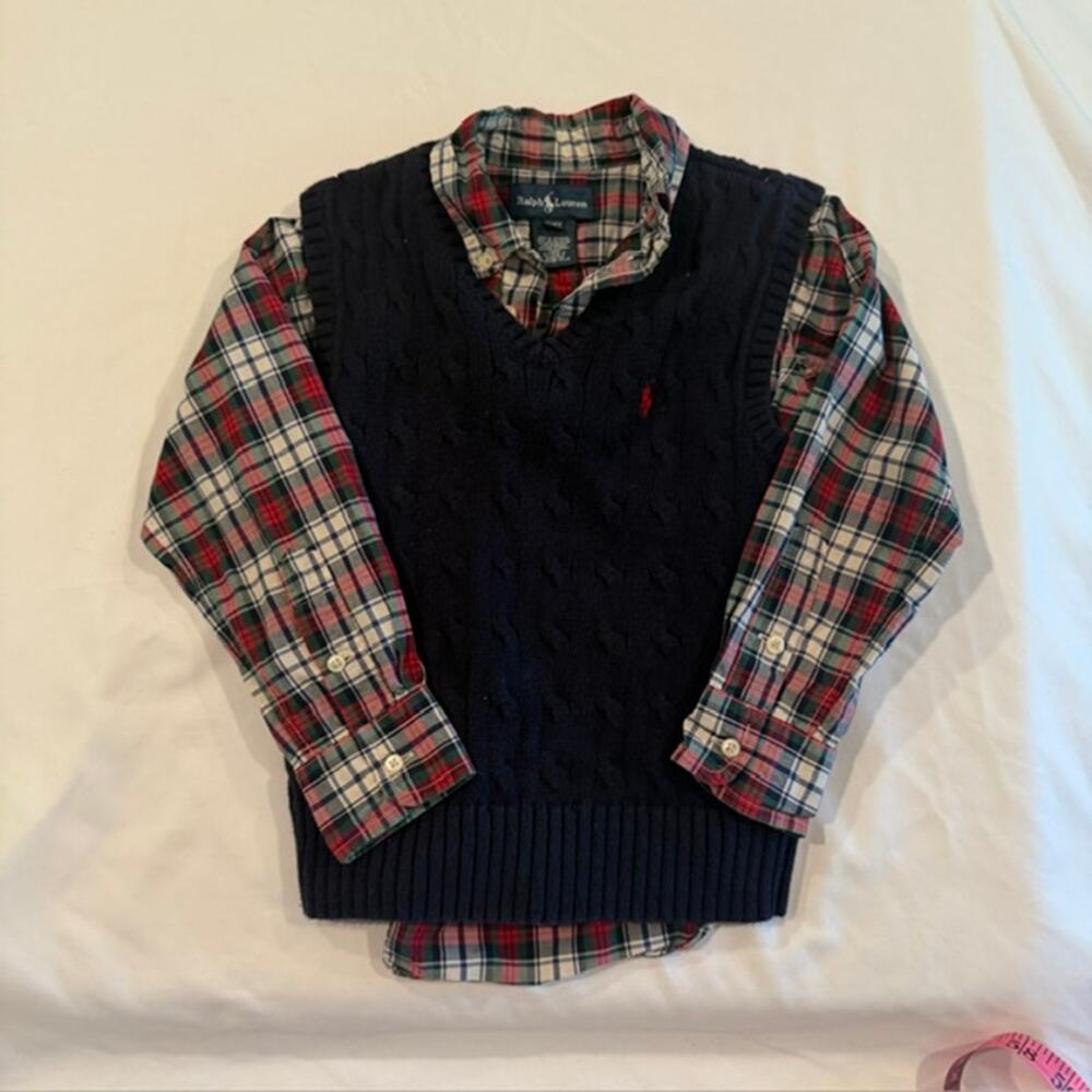 Ralph Lauren Boys 4T Plaid Shirt Cable Knit Sweater Vest 2 Piece Set